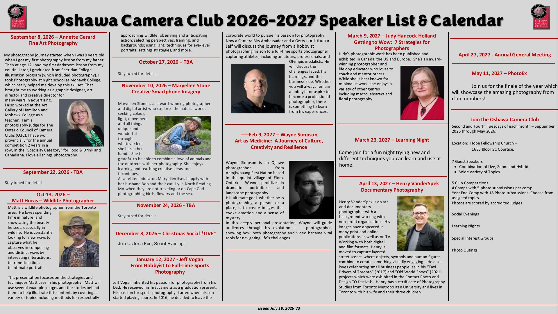 2026 - 2027 Oshawa Camera Club Speaker List V30001-00